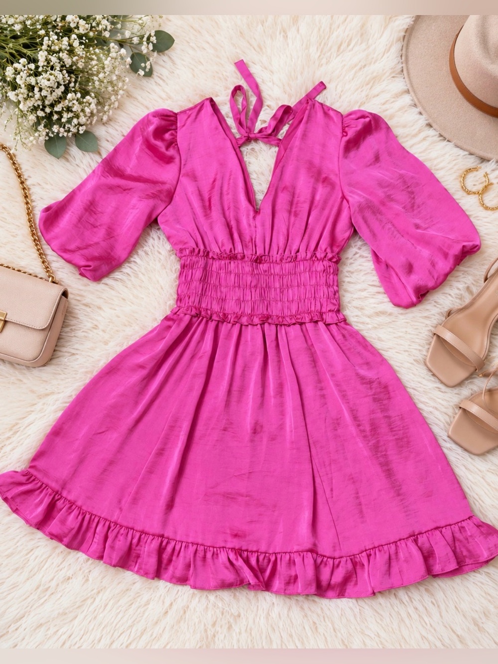 Taylor Hot Pink Satin Puff Sleeve Smocked Waist Ruffle Mini Dress
